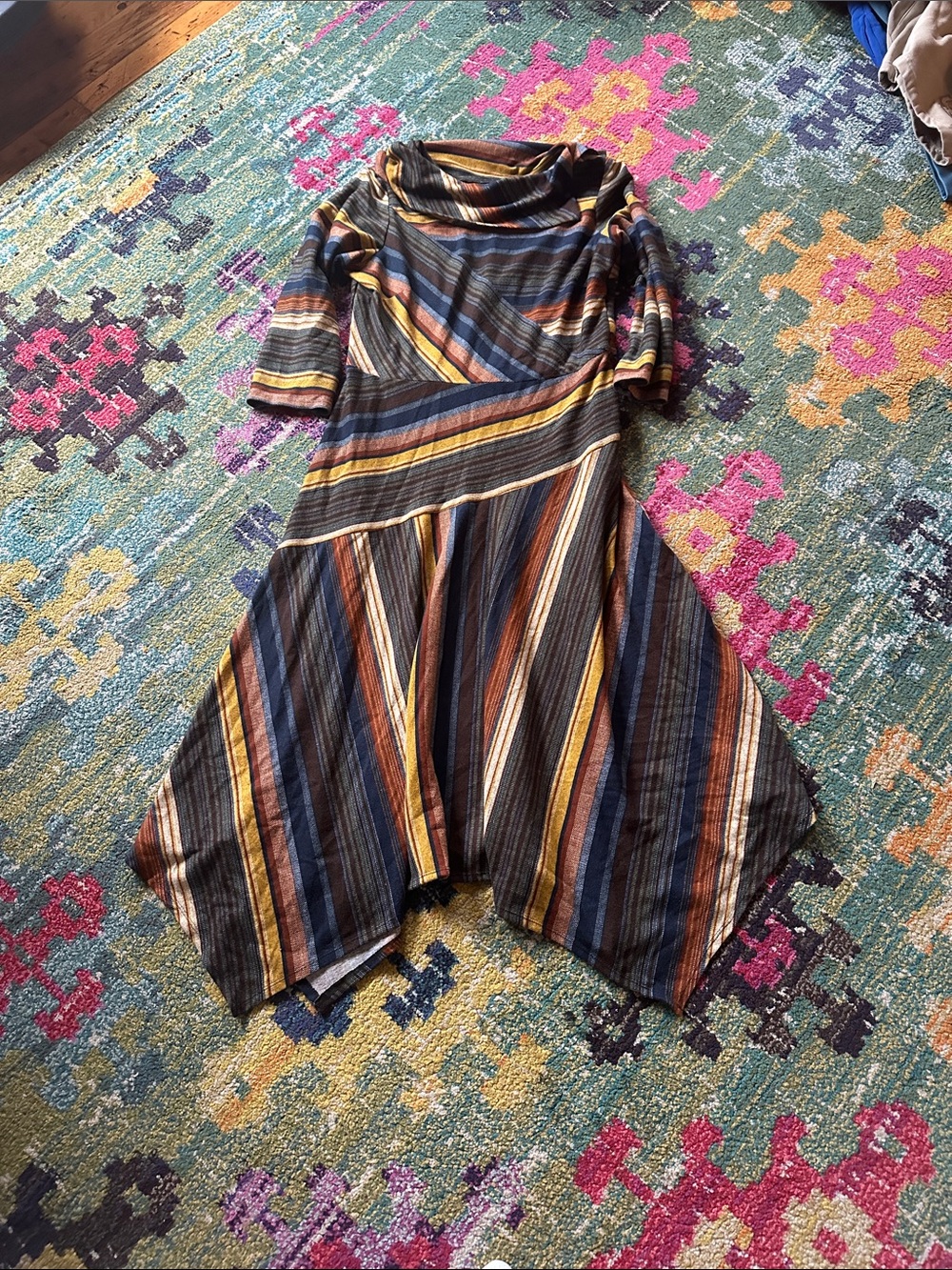 Gabby Skye Striped Asymmetrical Midi Dress in Navy, Rust, Mustard, Cream